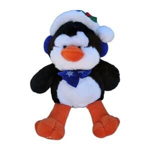 Vintage Christmas Plush Penguin 1999 Blue Velvet Hat Earmuffs Bow Tie Embroidery